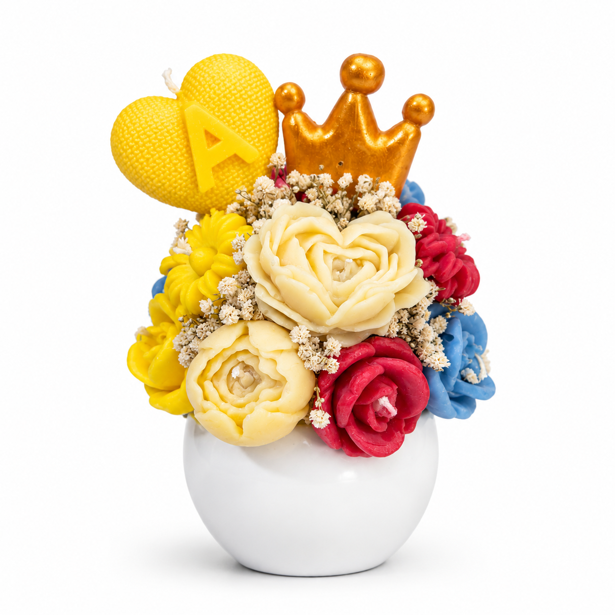 Arreglo de velas inspirado en Blancanieves en tonos azul, rojo y amarillo