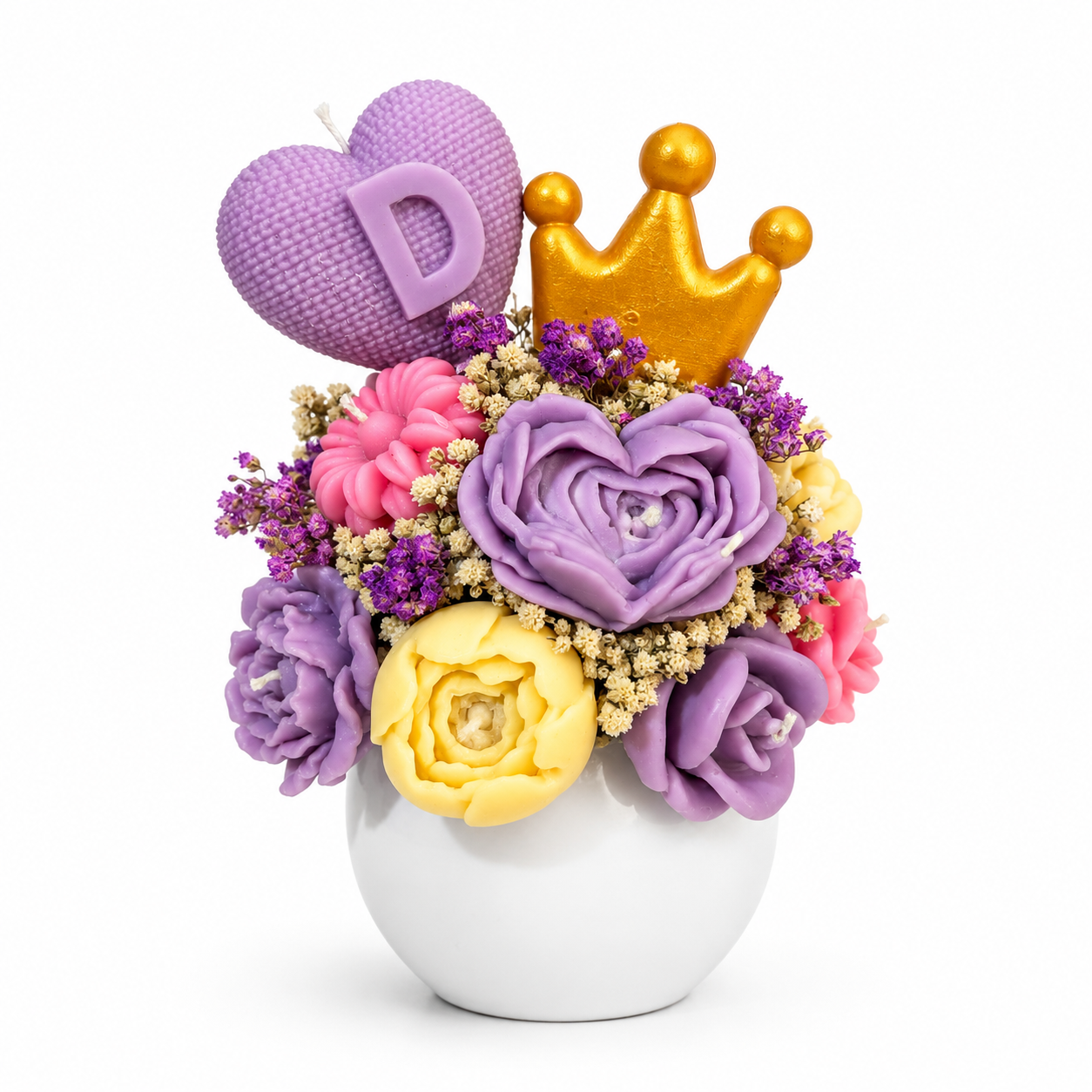 Arreglo de velas inspirado en Rapunzel en tonos lavanda y rosa